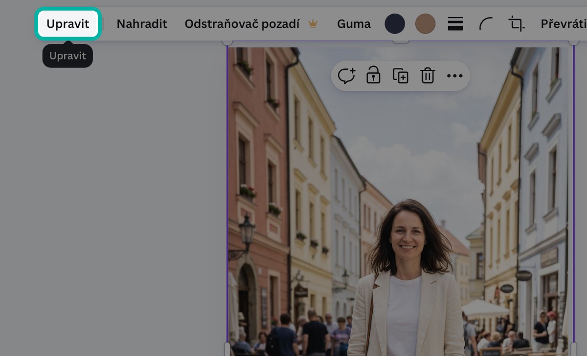 Canva, horní lišta s tlačítkem Upravit u vybrané fotky