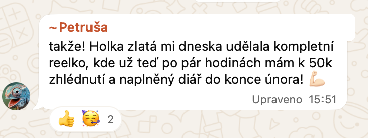 Zpráva od Petruši: kompletní reel, 50 tisíc zhlédnutí a naplněný diář