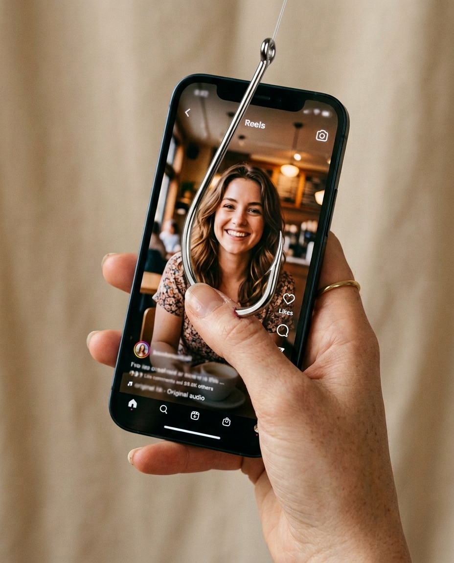 Telefon s reelem a prvním řádkem, který zastaví palec